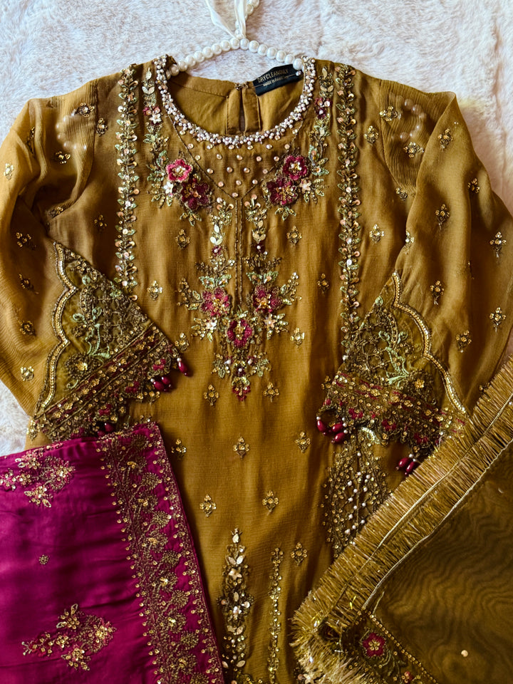 EMBROIDERED CHIFFON KIDS 3-PC SUIT PINK ALKD04