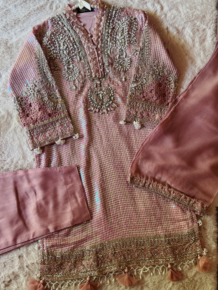 EMBROIDERED ORGANZA KIDS 3-PC SUIT PINK ALKD06