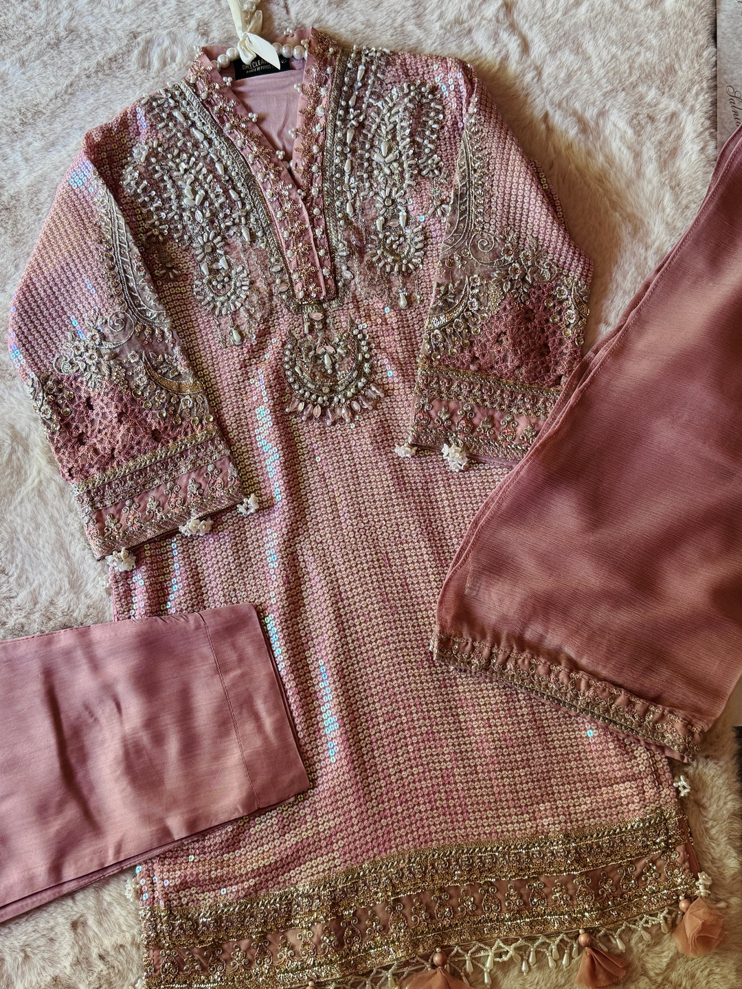EMBROIDERED ORGANZA KIDS 3-PC SUIT PINK ALKD06