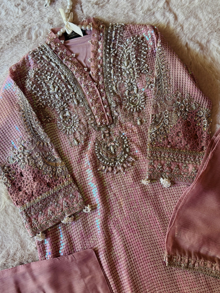 EMBROIDERED ORGANZA KIDS 3-PC SUIT PINK ALKD06