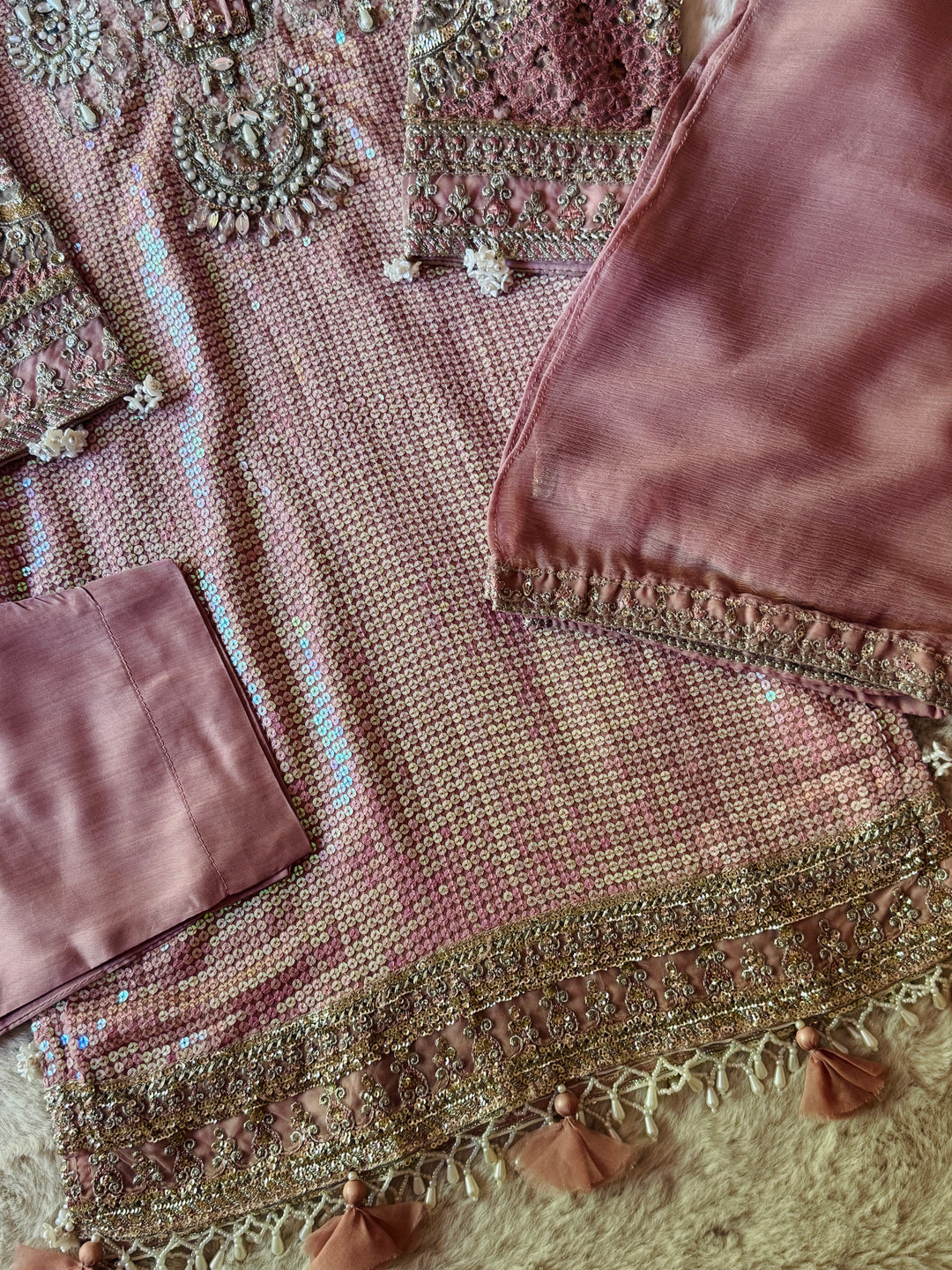 EMBROIDERED ORGANZA KIDS 3-PC SUIT PINK ALKD06