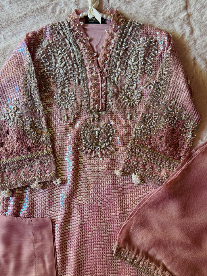 EMBROIDERED ORGANZA KIDS 3-PC SUIT PINK ALKD06