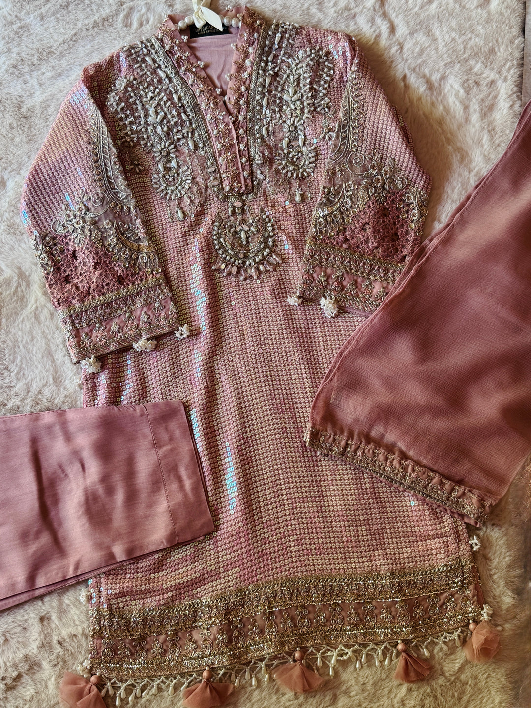 EMBROIDERED ORGANZA KIDS 3-PC SUIT PINK ALKD06