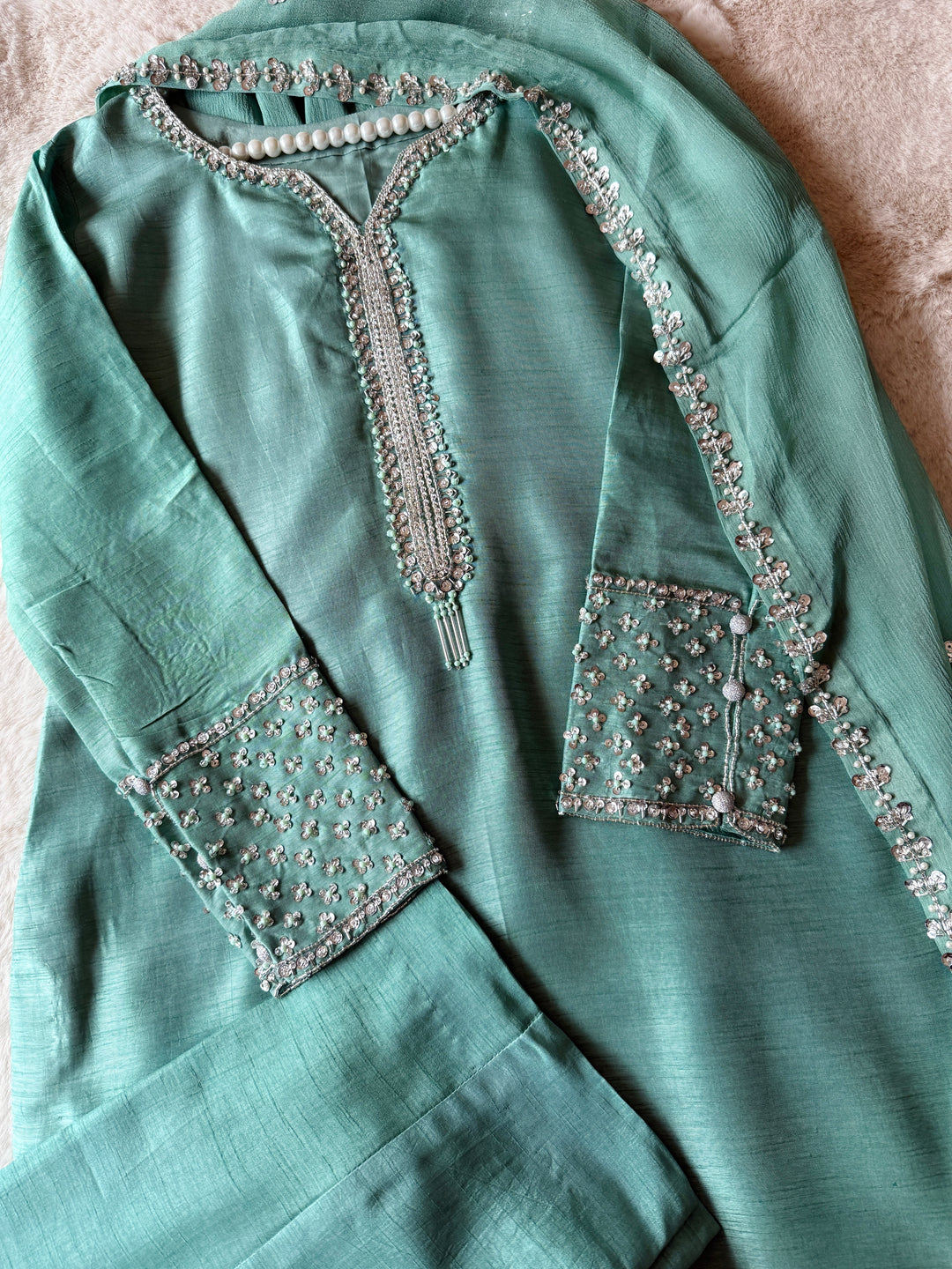 HAND EMBELLISHED RAW SILK SUIT FRSH61