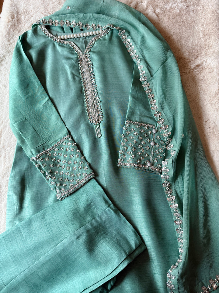 HAND EMBELLISHED RAW SILK SUIT FRSH61
