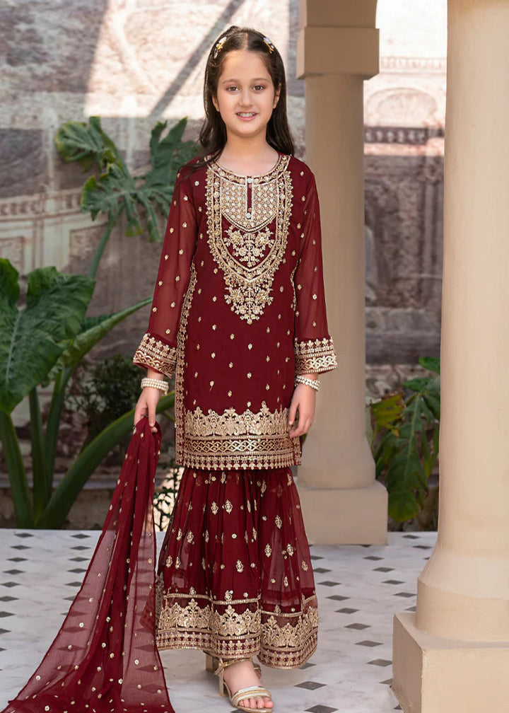 EMBROIDERED CHIFFON KIDS 3-PC SUIT DARK RED ALKD53