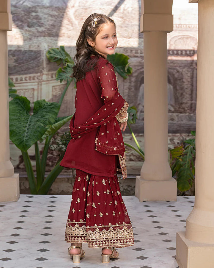 EMBROIDERED CHIFFON KIDS 3-PC SUIT DARK RED ALKD53