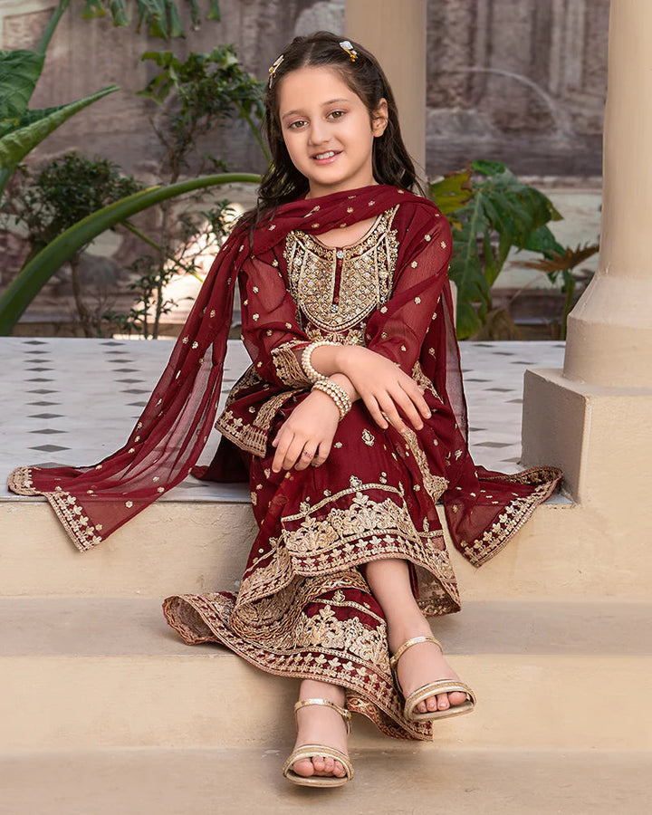 EMBROIDERED CHIFFON KIDS 3-PC SUIT DARK RED ALKD53