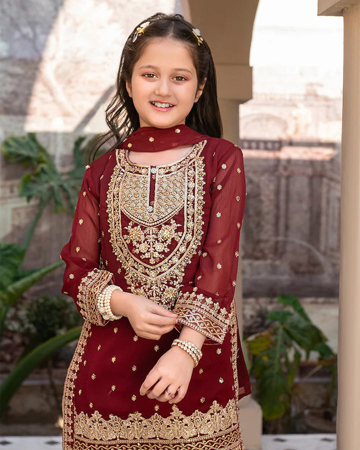 EMBROIDERED CHIFFON KIDS 3-PC SUIT DARK RED ALKD53