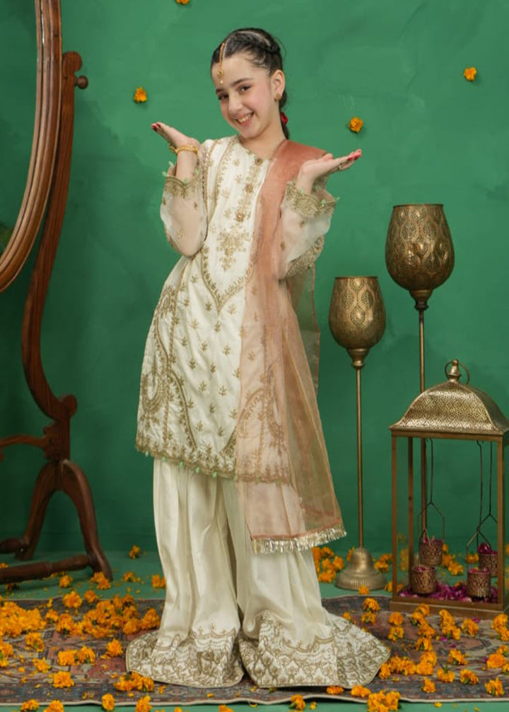 EMBROIDERED GHARARA KIDS 3-PC SUIT WHITE ALKD50