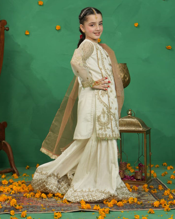 EMBROIDERED GHARARA KIDS 3-PC SUIT WHITE ALKD50