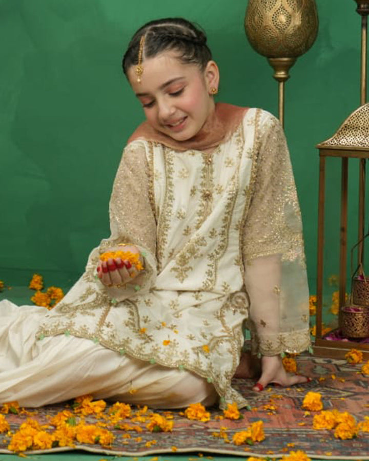EMBROIDERED GHARARA KIDS 3-PC SUIT WHITE ALKD50