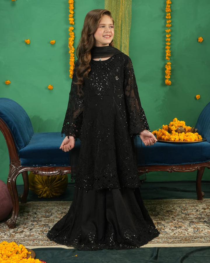 EMBROIDERED CHIFFON KIDS 3-PC SUIT WHITE ALKD62