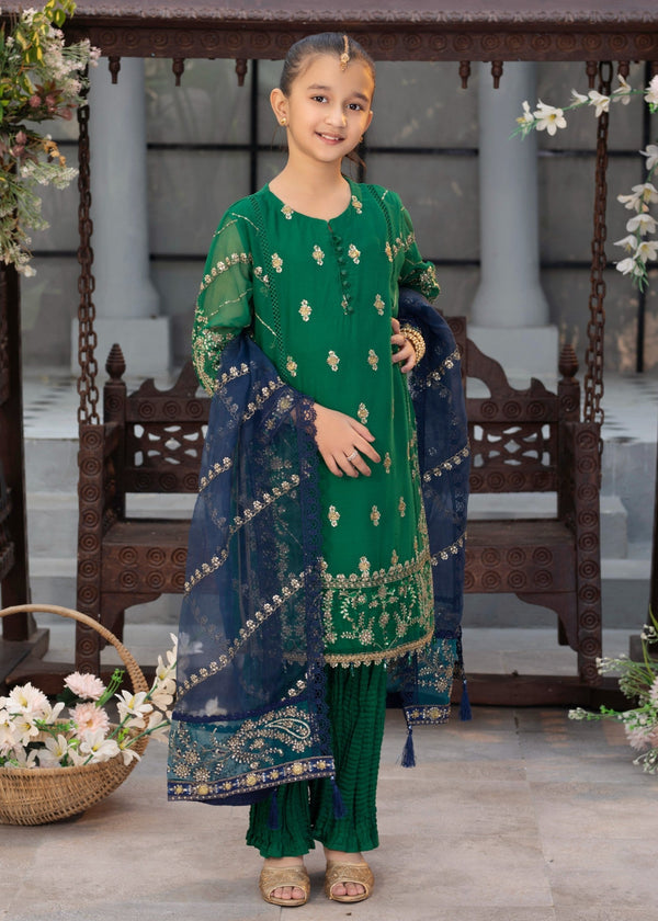 EMBROIDERED CHIFFON KIDS 3-PC SUIT GREEN ALKD54