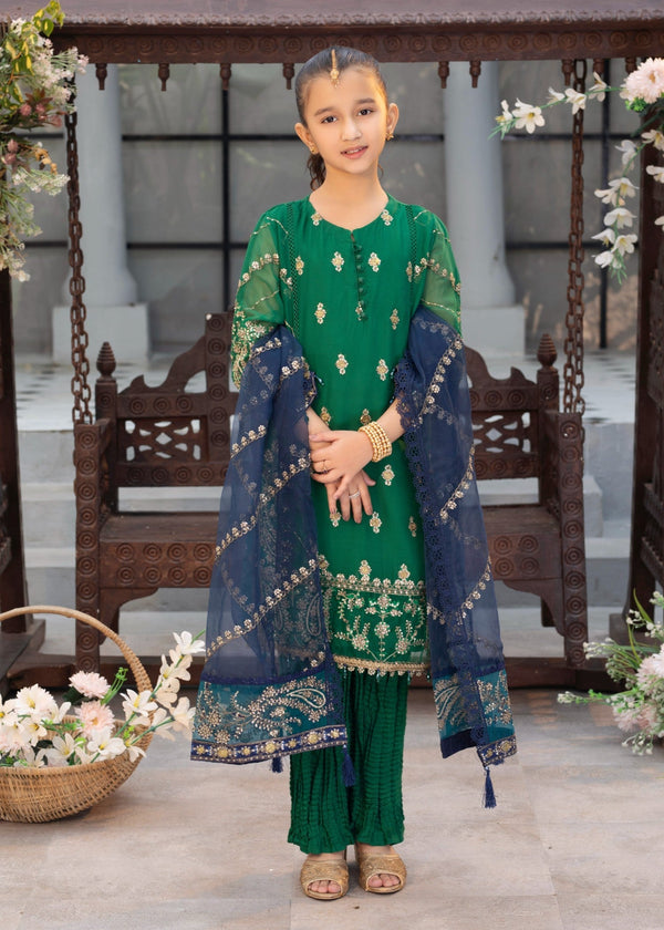 EMBROIDERED CHIFFON KIDS 3-PC SUIT GREEN ALKD54
