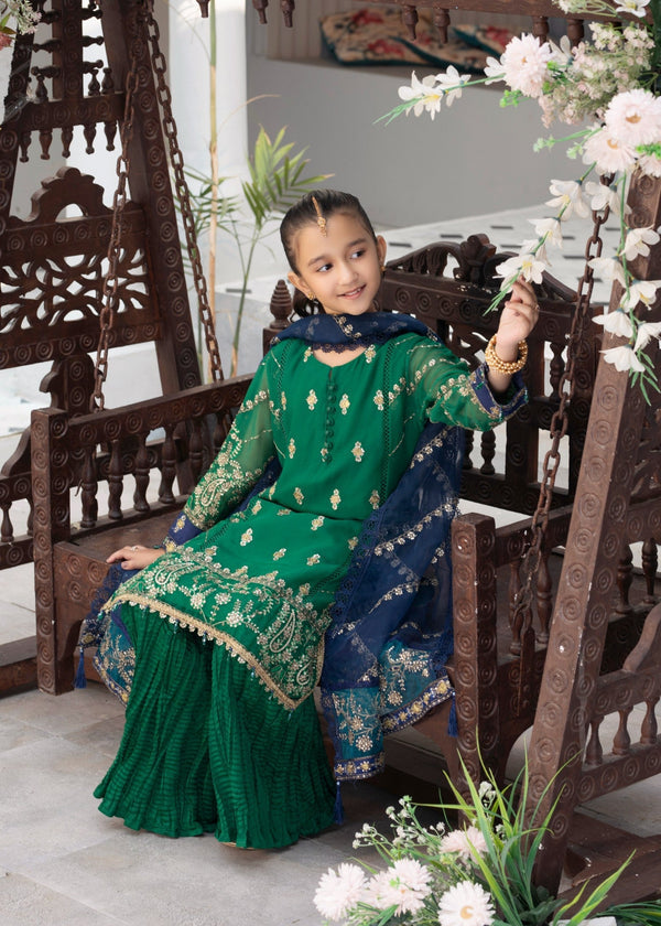 EMBROIDERED CHIFFON KIDS 3-PC SUIT GREEN ALKD54