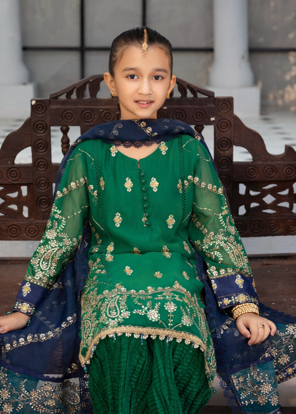 EMBROIDERED CHIFFON KIDS 3-PC SUIT GREEN ALKD54