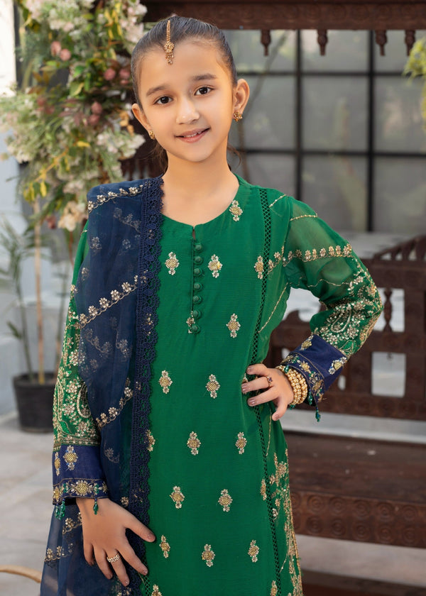 EMBROIDERED CHIFFON KIDS 3-PC SUIT GREEN ALKD54