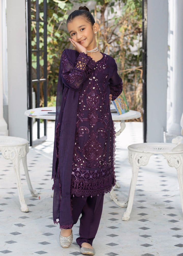 EMBROIDERED CHIFFON KIDS 3-PC SUIT PURPLE ALKD63