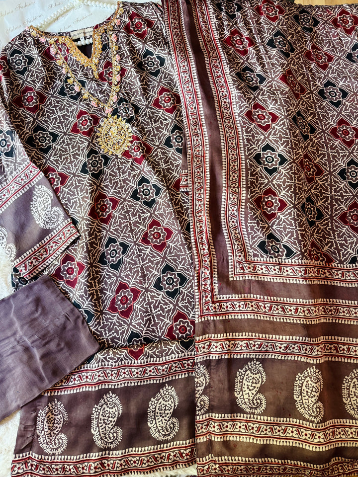 PURE SILK AJRAK SUIT AJSF03
