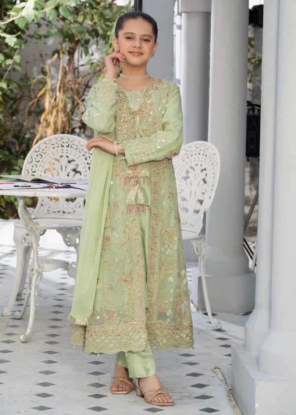 EMBROIDERED CHIFFON KIDS 3-PC SUIT PISTA GREEN JACKET ALKD57