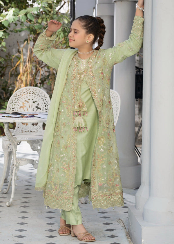 EMBROIDERED CHIFFON KIDS 3-PC SUIT PISTA GREEN JACKET ALKD57