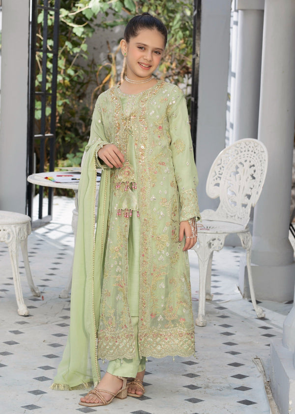 EMBROIDERED CHIFFON KIDS 3-PC SUIT PISTA GREEN JACKET ALKD57