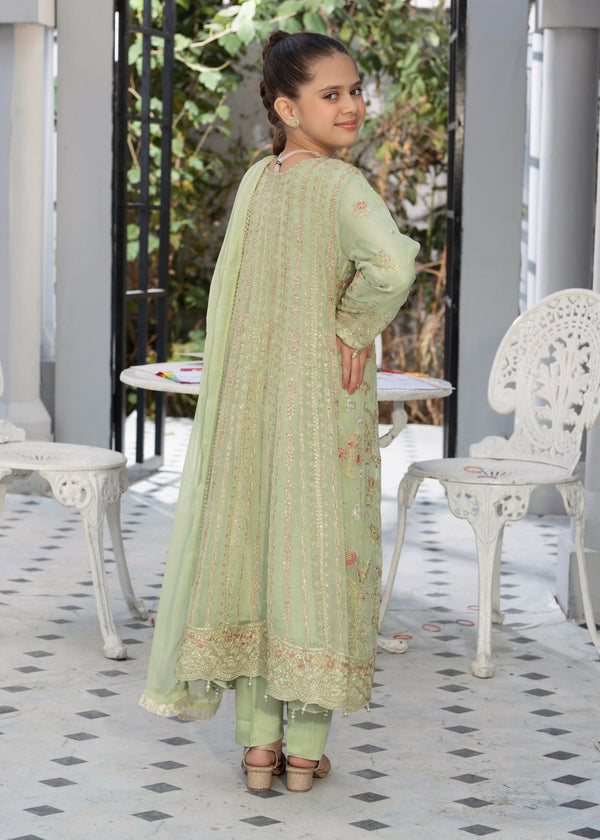 EMBROIDERED CHIFFON KIDS 3-PC SUIT PISTA GREEN JACKET ALKD57