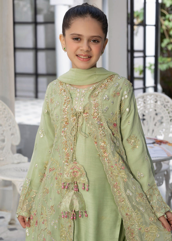 EMBROIDERED CHIFFON KIDS 3-PC SUIT PISTA GREEN JACKET ALKD57