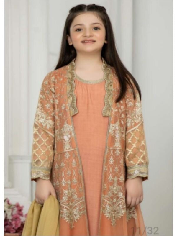 EMBROIDERED CHIFFON KIDS 3-PC SUIT PEACH JACKET ALKD56