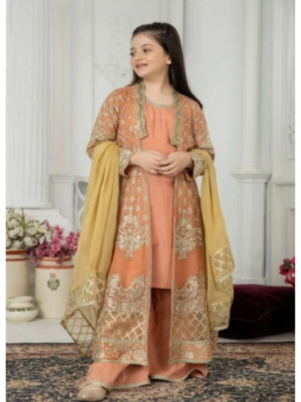 EMBROIDERED CHIFFON KIDS 3-PC SUIT PEACH JACKET ALKD56