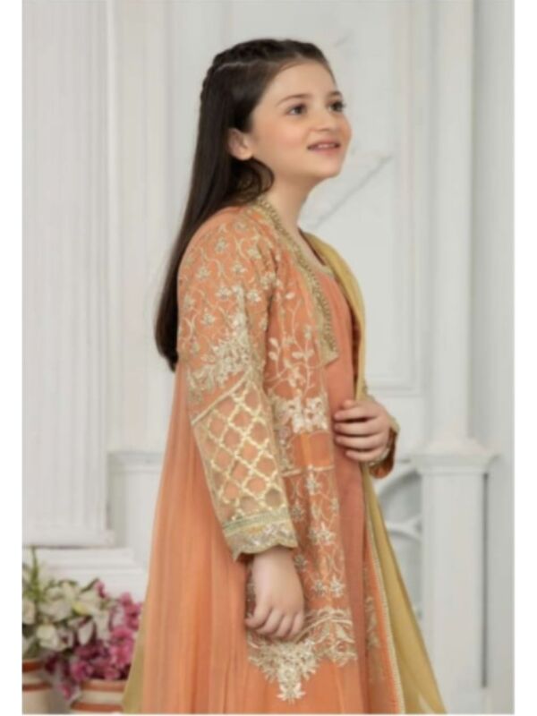 EMBROIDERED CHIFFON KIDS 3-PC SUIT PEACH JACKET ALKD56