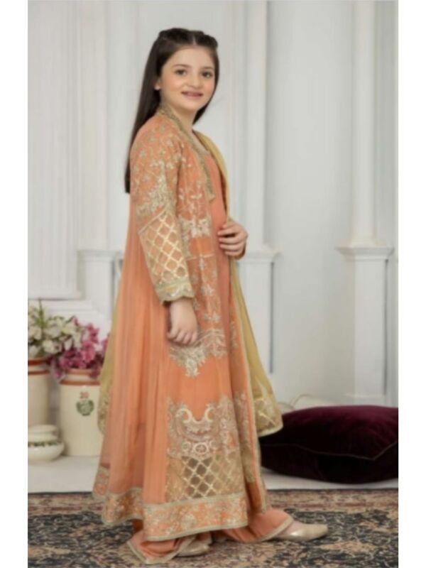 EMBROIDERED CHIFFON KIDS 3-PC SUIT PEACH JACKET ALKD56