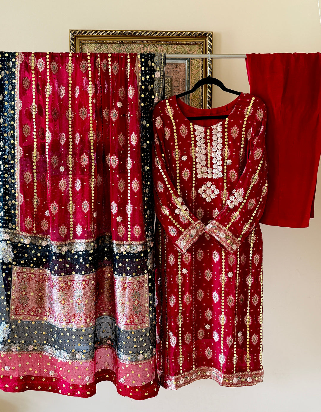 HEAVY KAAMDANI SUIT WITH WOVEN ATLAS DUPATTA KMSF05
