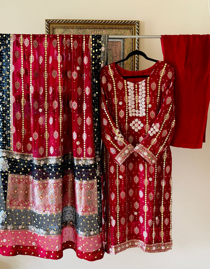HEAVY KAAMDANI SUIT WITH WOVEN ATLAS DUPATTA KMSF05