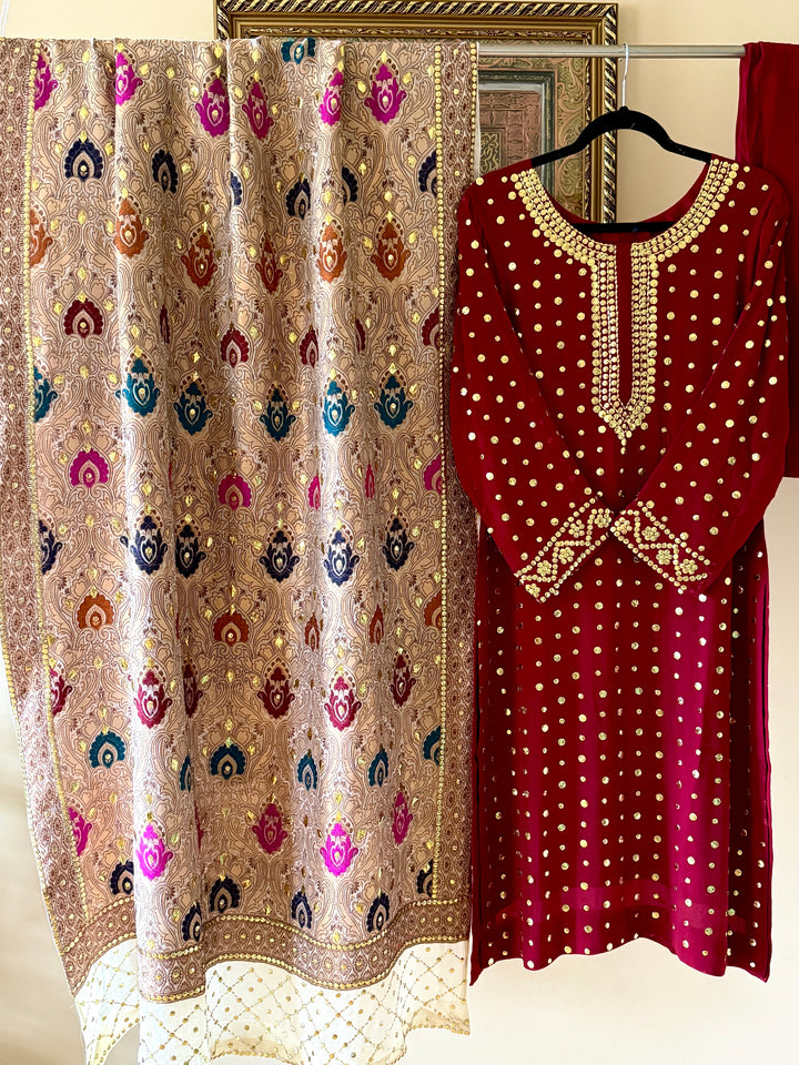 HEAVY KAAMDANI SUIT WITH WOVEN ATLAS DUPATTA KMSF04