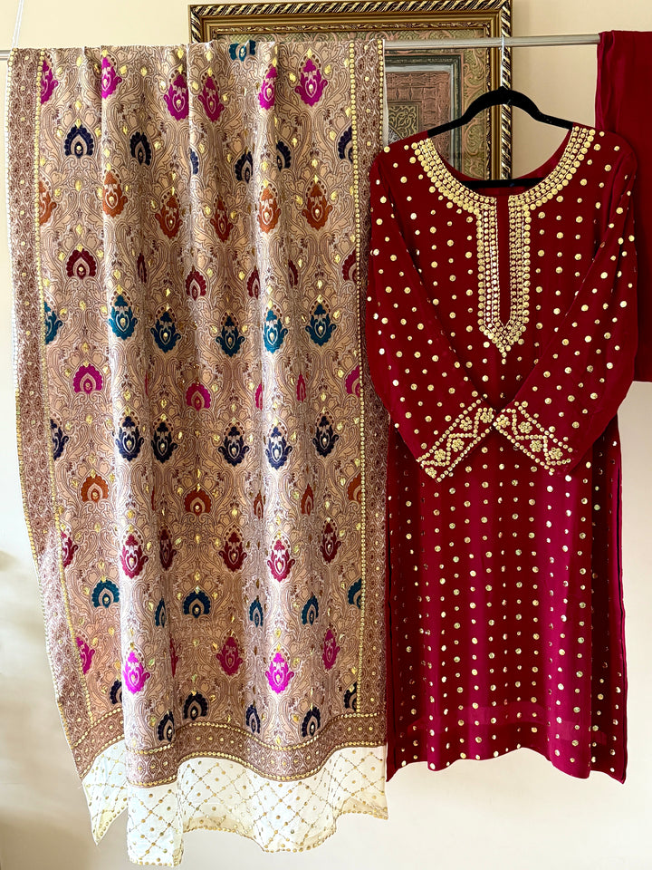 HEAVY KAAMDANI SUIT WITH WOVEN ATLAS DUPATTA KMSF04