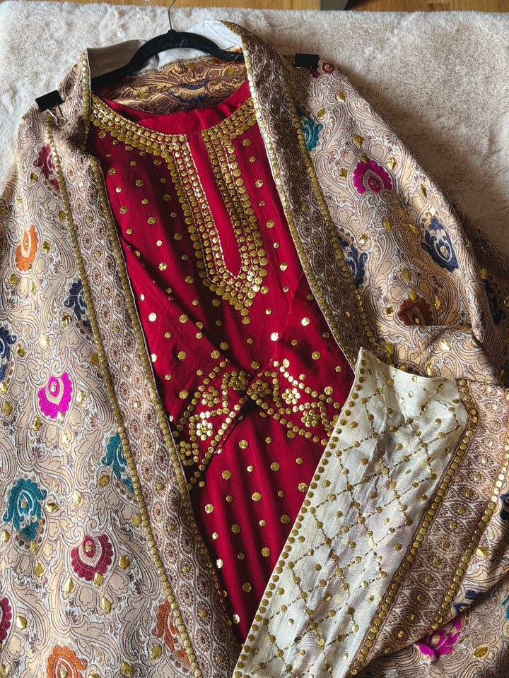 HEAVY KAAMDANI SUIT WITH WOVEN ATLAS DUPATTA KMSF04