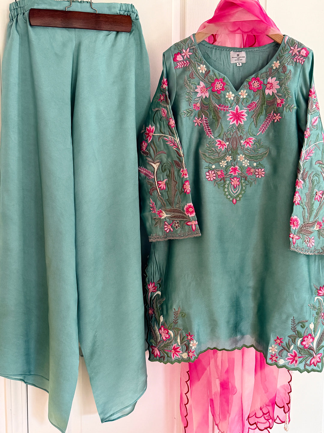 MULTI COLOR EMBROIDERED CUTWORK SHEESHA SILK BOX PLEATED SUIT FRSH90