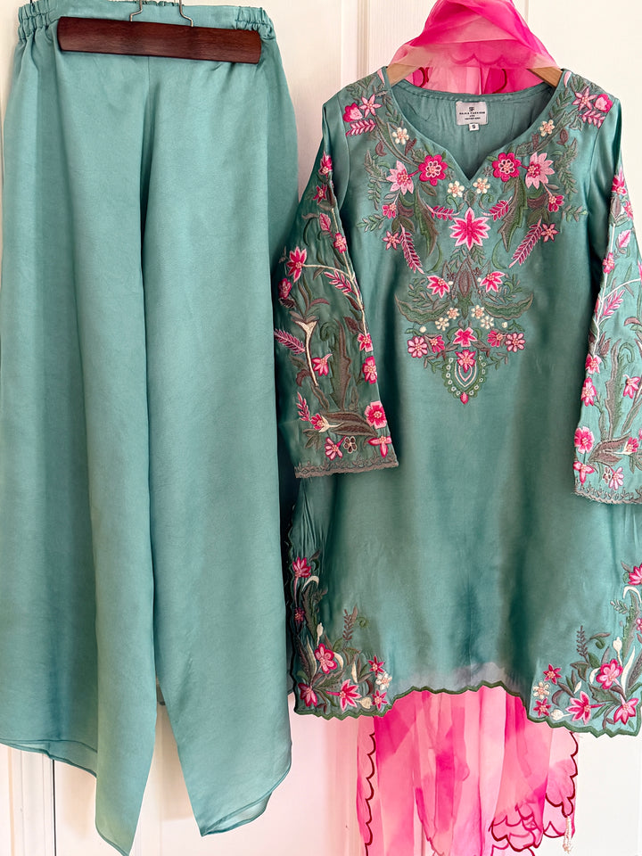 MULTI COLOR EMBROIDERED CUTWORK SHEESHA SILK BOX PLEATED SUIT FRSH90