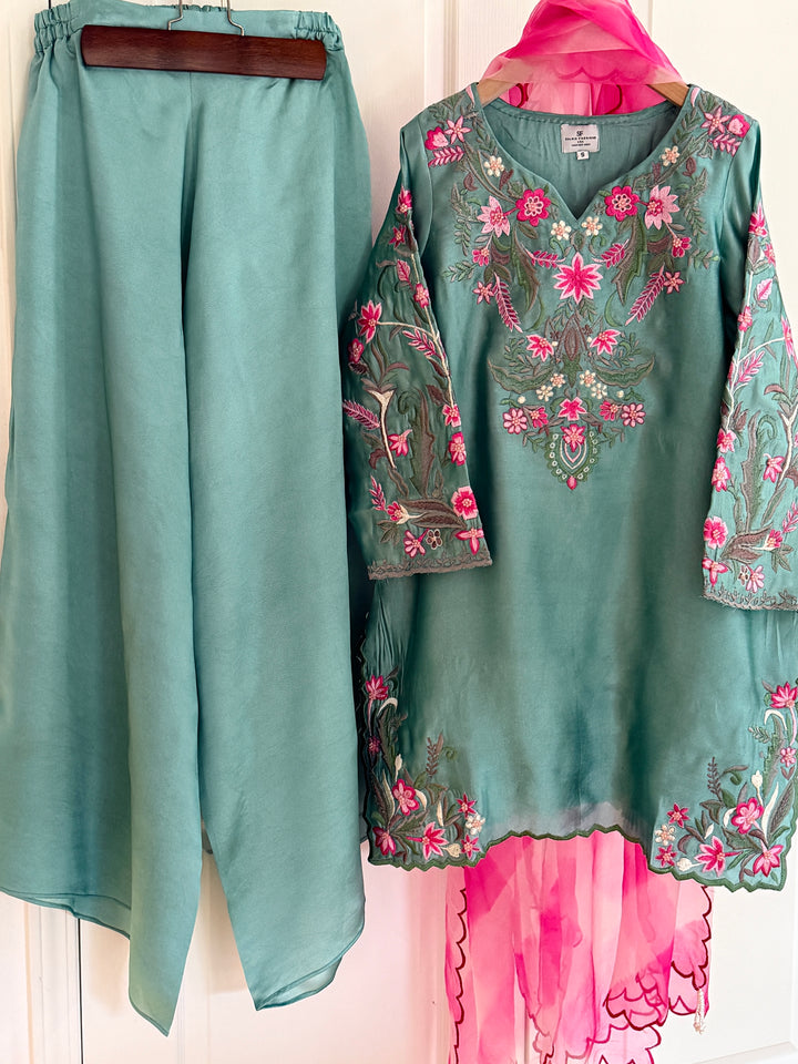 MULTI COLOR EMBROIDERED CUTWORK SHEESHA SILK BOX PLEATED SUIT FRSH90