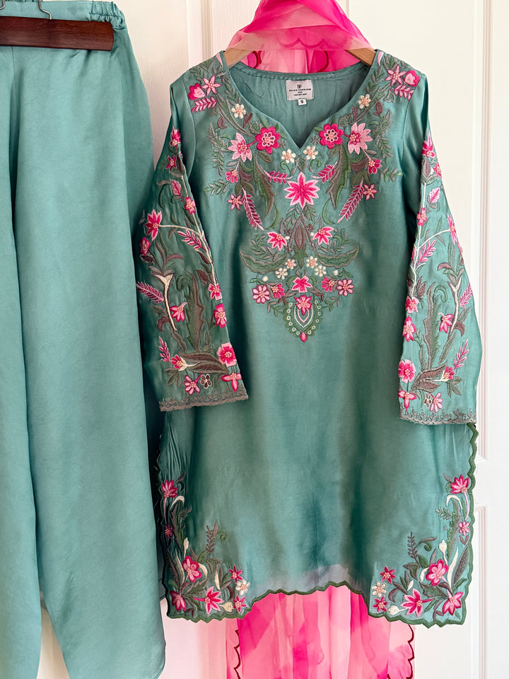 MULTI COLOR EMBROIDERED CUTWORK SHEESHA SILK BOX PLEATED SUIT FRSH90