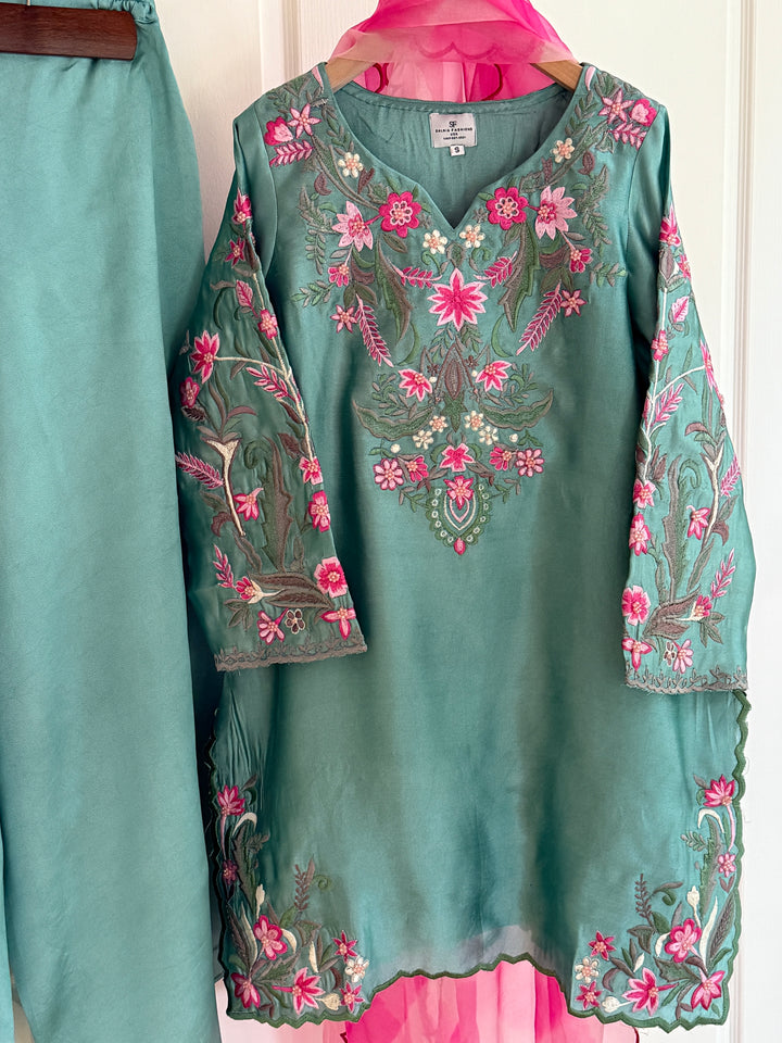 MULTI COLOR EMBROIDERED CUTWORK SHEESHA SILK BOX PLEATED SUIT FRSH90