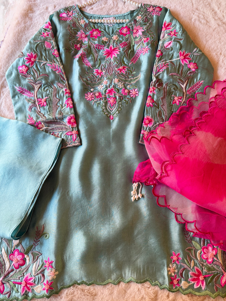 MULTI COLOR EMBROIDERED CUTWORK SHEESHA SILK BOX PLEATED SUIT FRSH90