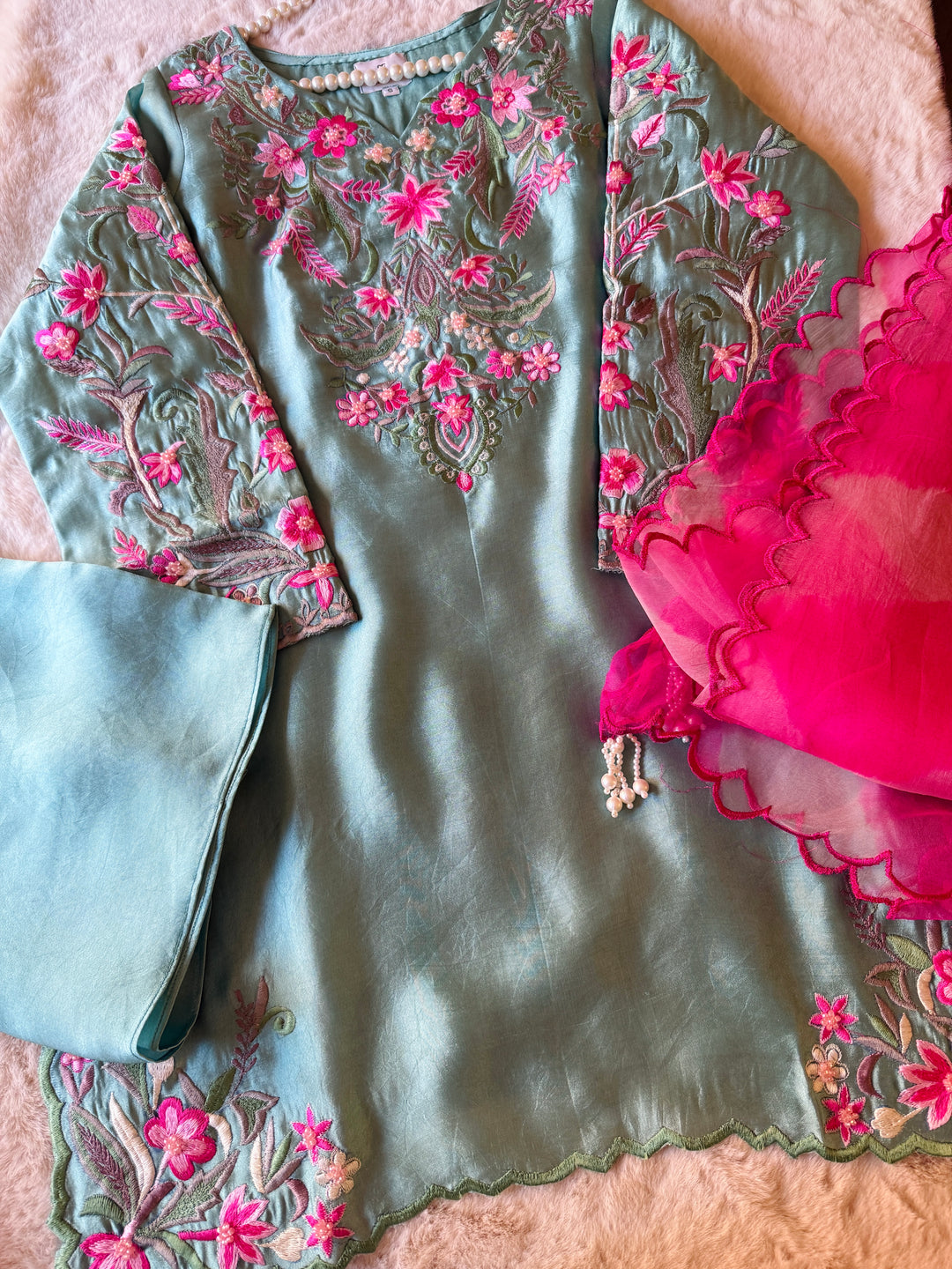 MULTI COLOR EMBROIDERED CUTWORK SHEESHA SILK BOX PLEATED SUIT FRSH90