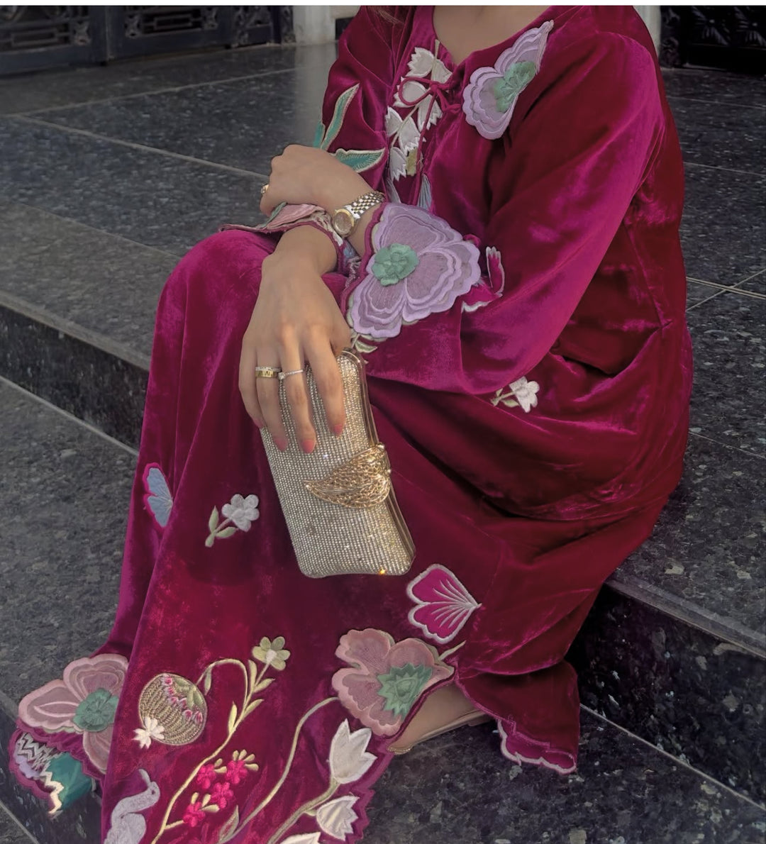 APPLIQUE EMBROIDERED VELVET KAFTAN SFKF02