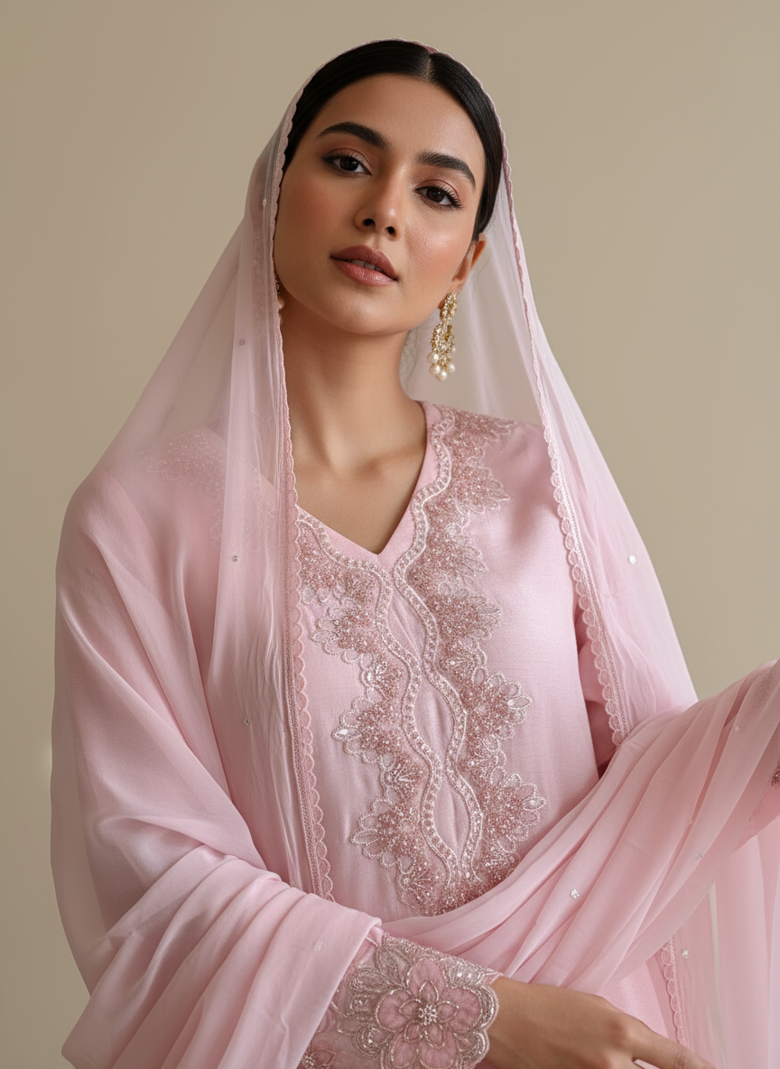 Close-up of model wearing pink embroidered outfit
