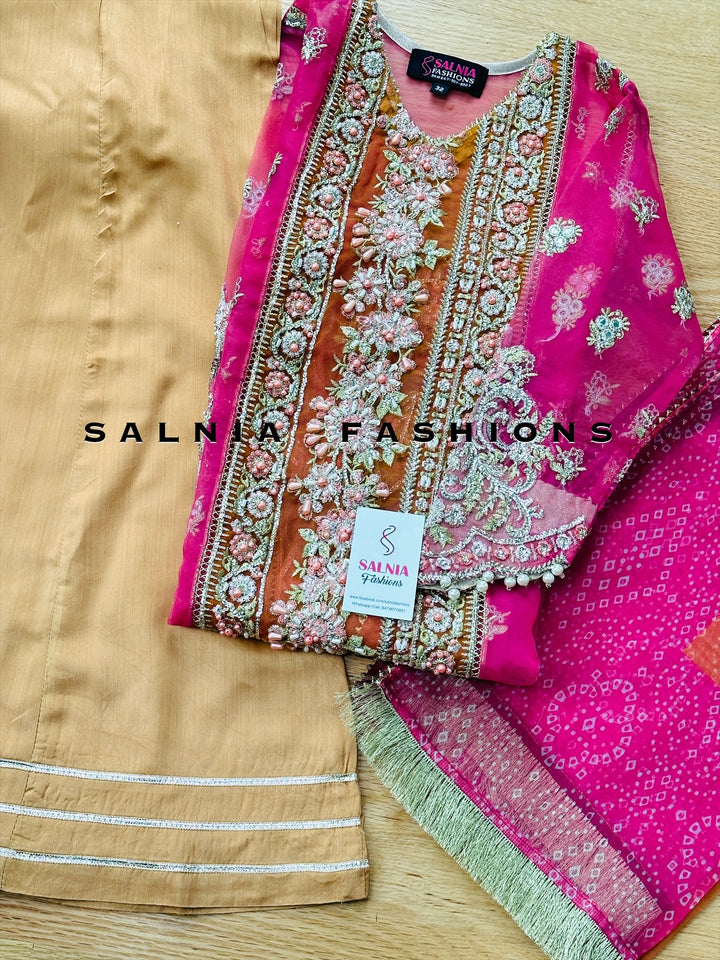 EMBROIDERED CHIFFON KIDS 3-PC SUIT PINK/BEIGE ALKD07