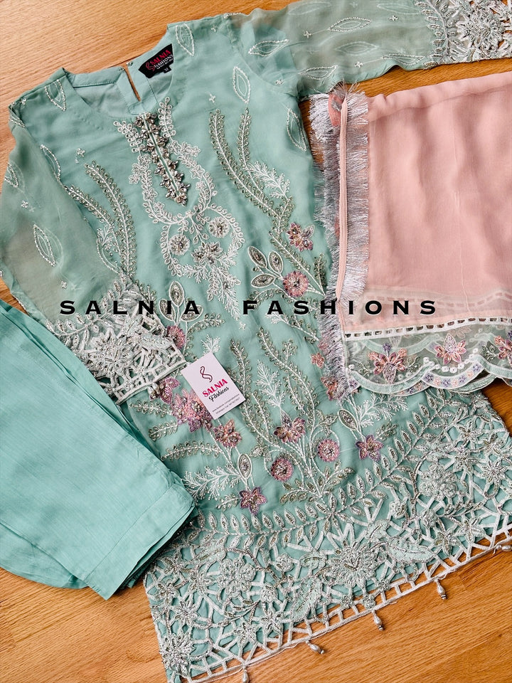 EMBROIDERED CHIFFON KIDS 3-PC SUIT BLUE/PINK ALKD08