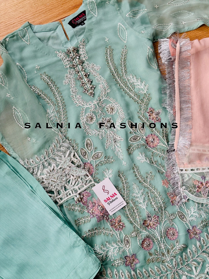 EMBROIDERED CHIFFON KIDS 3-PC SUIT BLUE/PINK ALKD08